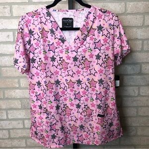 NWT mediChic Pink Star Print Short Sleeve scrub top